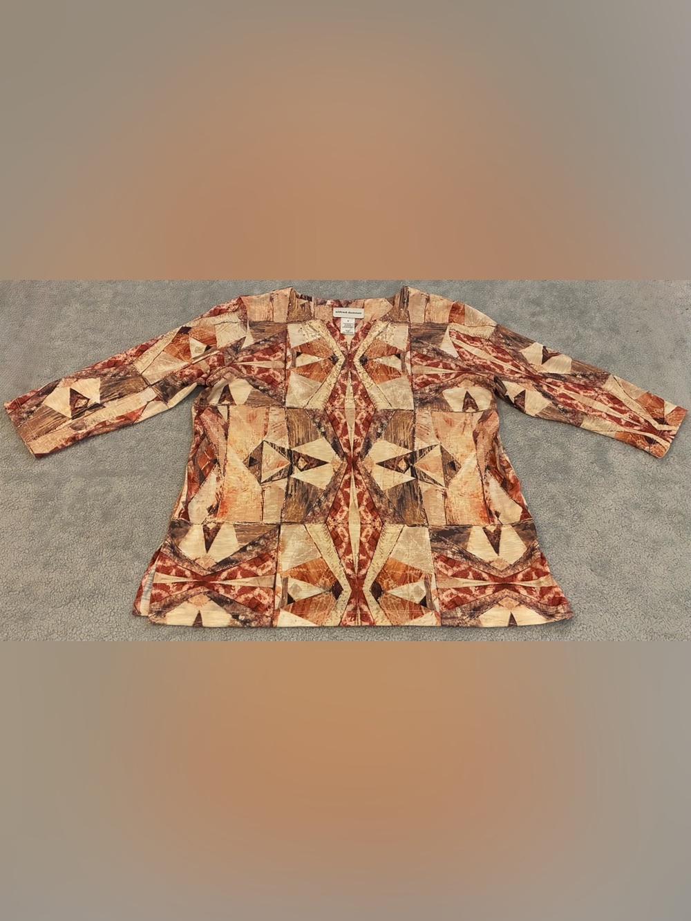 Womens Alfredo Dunner Size Small Geometric Pattern V-Neck Top - Brown Multi